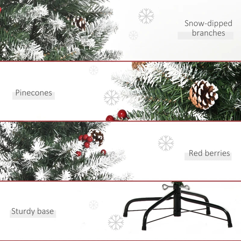 5FT Artificial Christmas Pencil Tree with Red Berries & Pinecones - Foldable Indoor Holiday Decoration, Green Xmas Tree