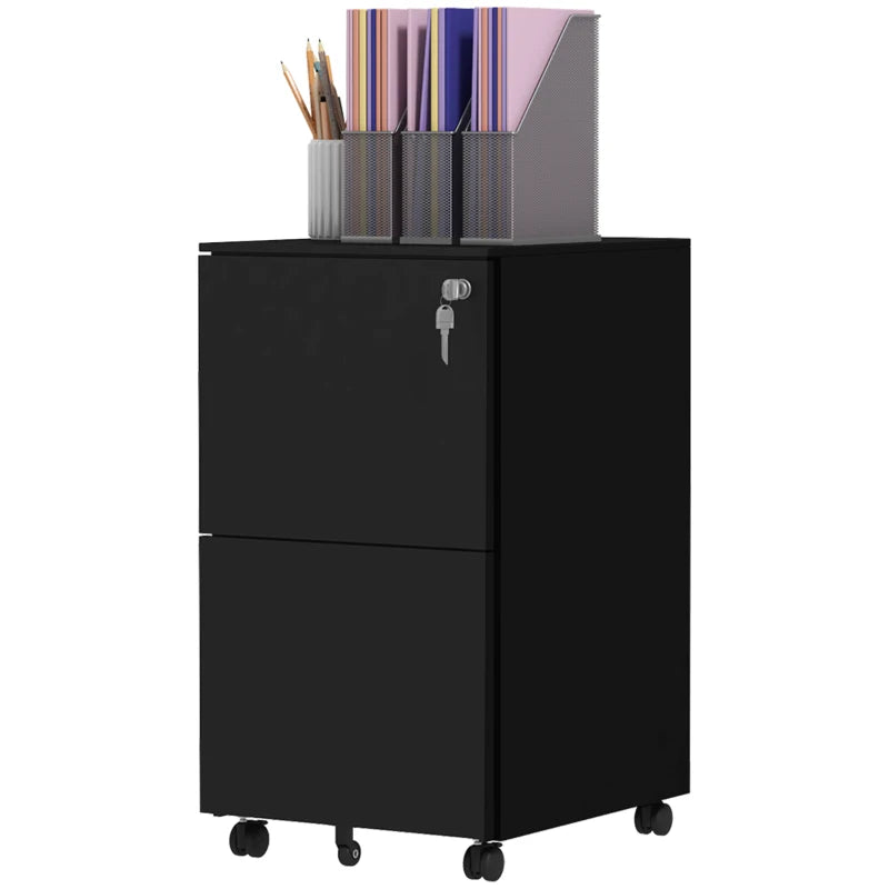 Vinsetto 2-Drawer Vertical Filing Cabinet with Lock & Wheels - Mobile Steel File Cabinet for A4, Legal, Letter Size - Black