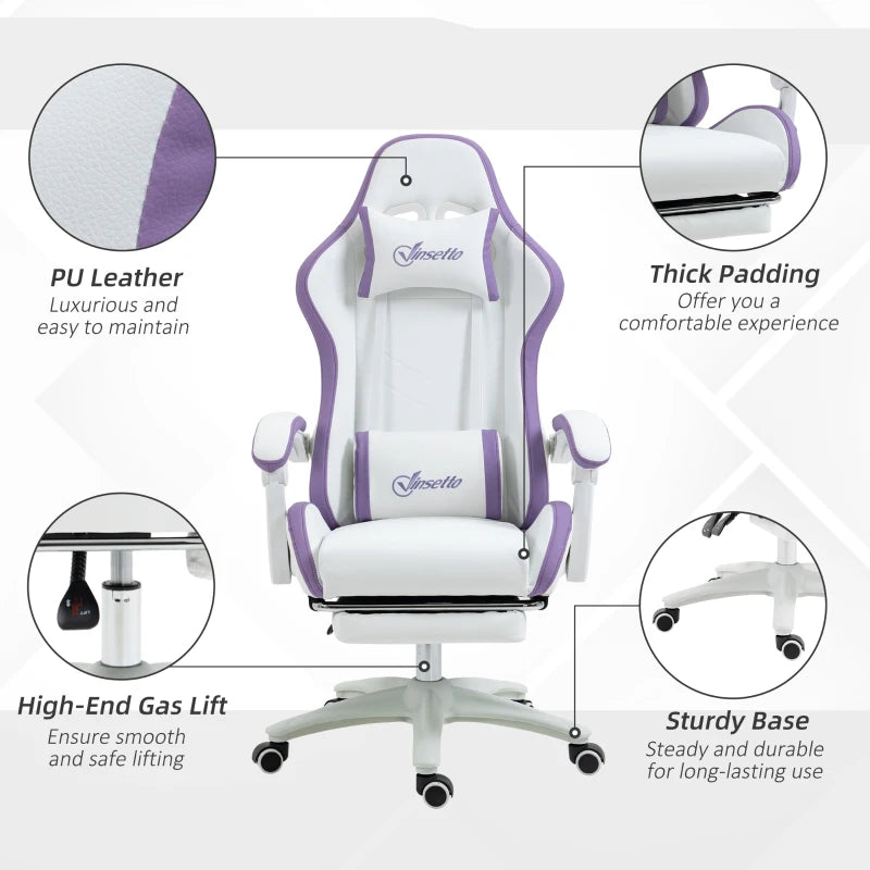 Vinsetto White and Purple Gaming Chair - PU Leather Office Desk Chair with Footrest, 135° Recline, Lumbar Support & Headrest