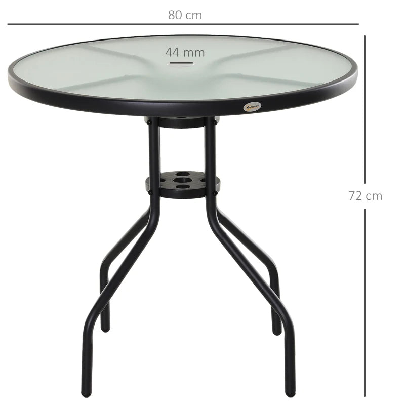 Round Outdoor Patio Table with Parasol Hole - 80cm, Tempered Glass Top, Black