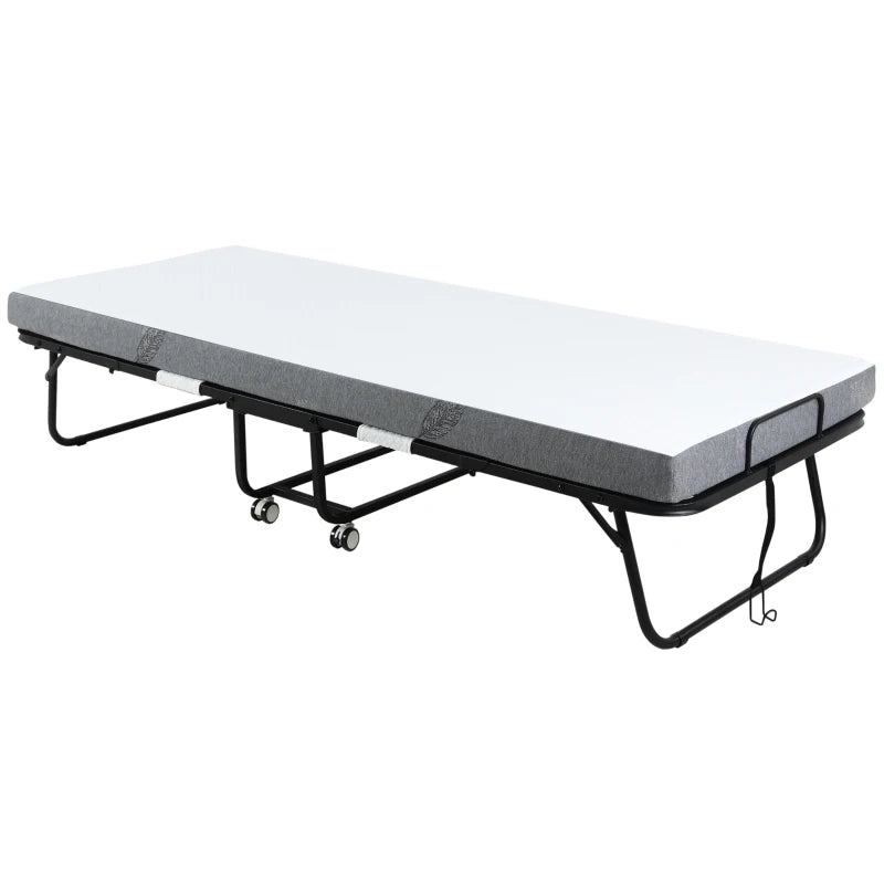 Portable Folding Guest Bed with 10cm Mattress Sturdy Metal Frame on Wheels