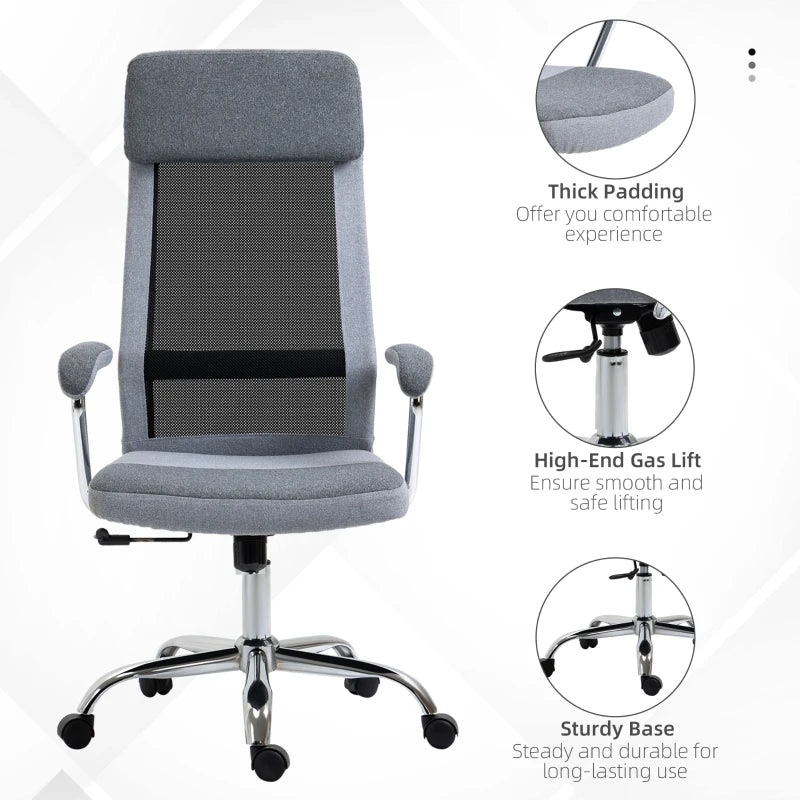 Vinsetto Ergonomic Office Chair - High Back Desk Chair with Adjustable Height, Swivel Wheels, Mesh Back & Linen-Feel Seat, Grey