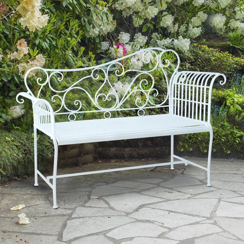 White Metal Garden Bench - 2 Seater Outdoor Seating