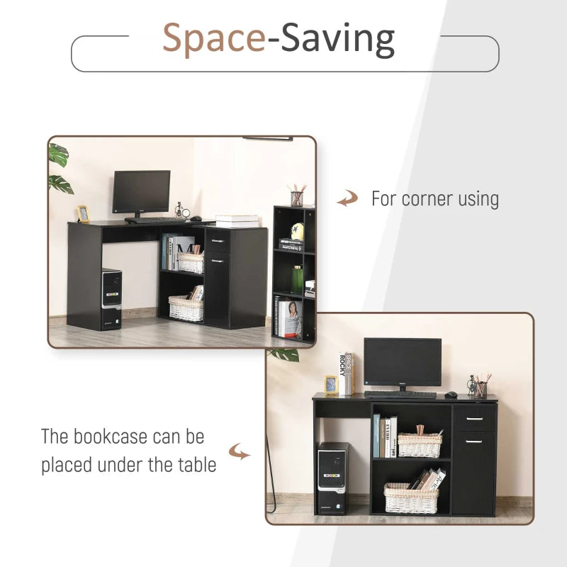 L-Shaped Corner Computer Desk with Storage Shelf & Drawer - Adjustable Black Wood Grain Workstation for Home Office