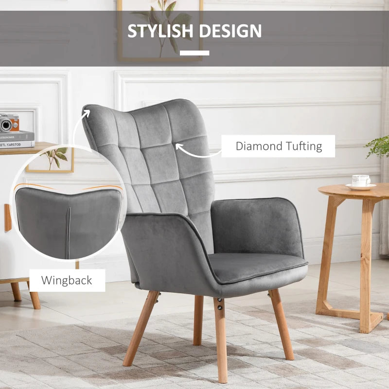 Stylish Velvet-Touch Tufted Wingback Armchair Set of 2 for Modern Lounge and Leisure Spaces in Grey