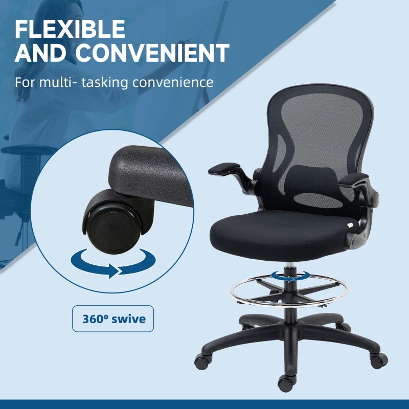 Vinsetto Adjustable Mesh Standing Desk Chair - Ergonomic with Flip-up Armrests, Lumbar Support & Adjustable Footrest - Black