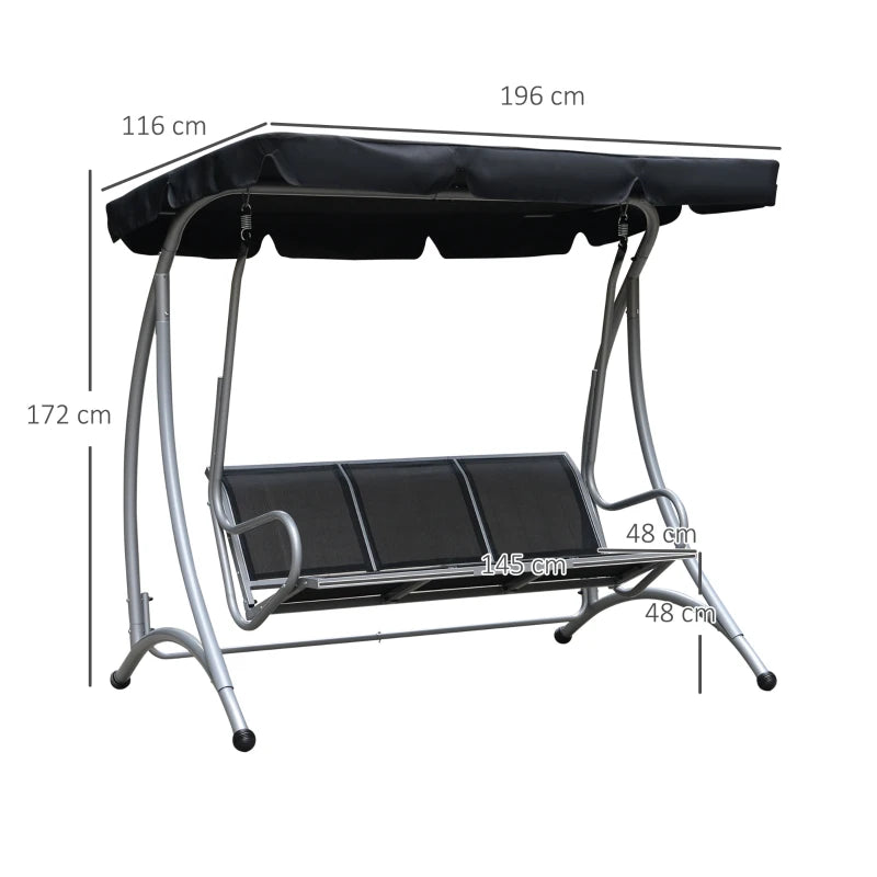 Black 3-Person Steel Outdoor Swing Bench with Canopy