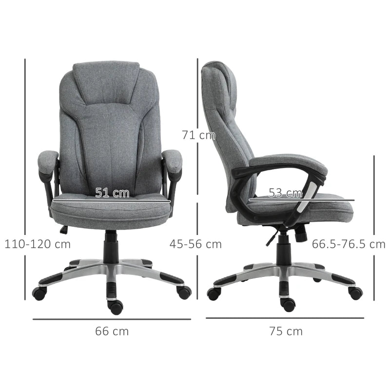 Vinsetto Grey Linen Fabric Office Chair - Height Adjustable Desk Chair with Padded Armrests, Swivel Wheels & Tilt Function
