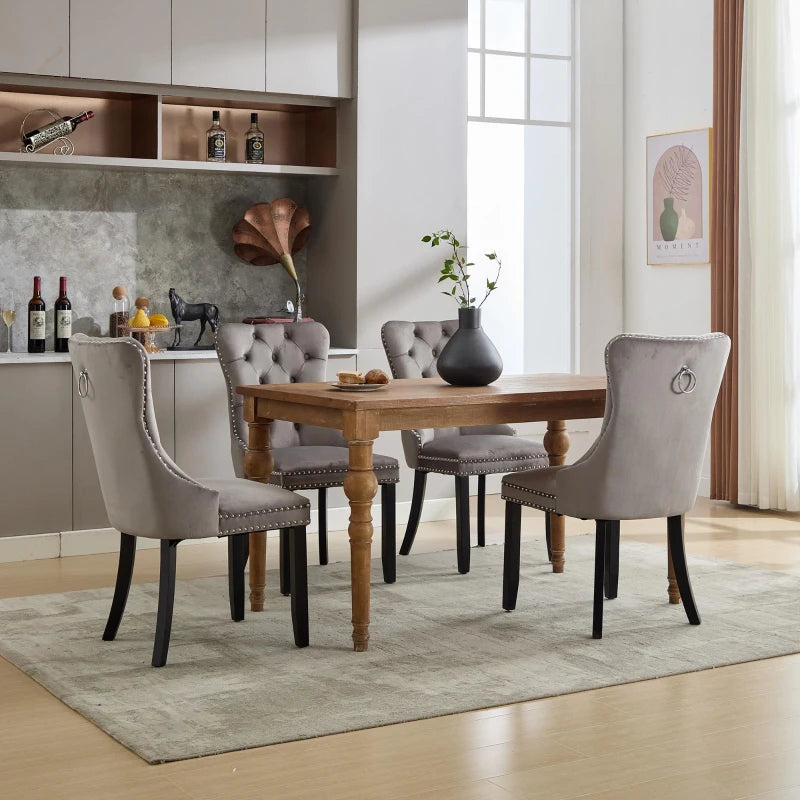 Set of 4 Grey Velvet Dining Chairs with Button Tufted Backrest, Wingback Design, Solid Rubber Wood Legs, Foot Pads