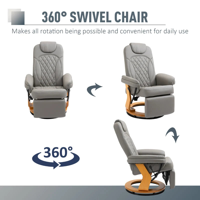 Comfortable PU Recliner Chair with Footrest and Headrest, Stylish Round Wooden Base for Living Room, Bedroom, or Office, Grey