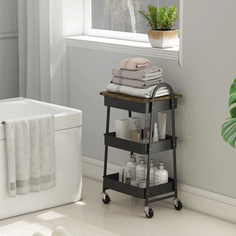 Rustic Brown & Black 3-Tier Kitchen Storage Trolley on Wheels with Cover Top Board - Stylish & Functional