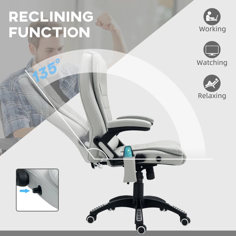 Light Grey 6-Point Massage Office Chair with Heated Seat, PU Leather High Back, Adjustable Height & 360° Swivel for Home Office