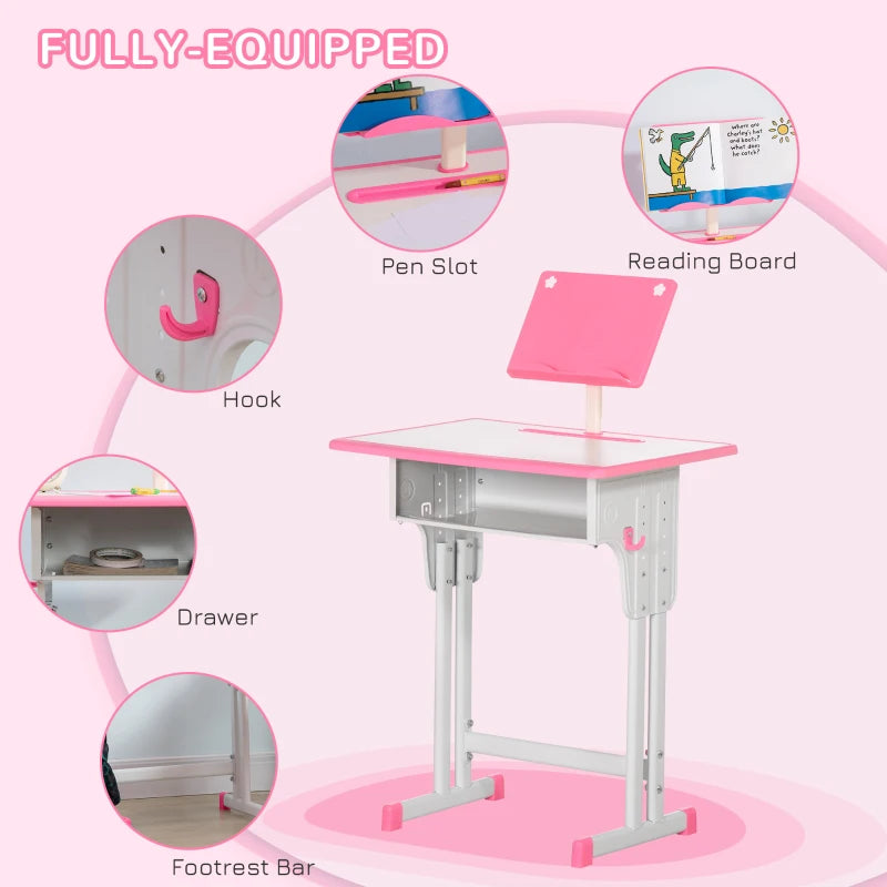 Kids Adjustable Desk and Chair Set with Book Stand and Pen Slot - Stylish Pink Study Furniture for Children