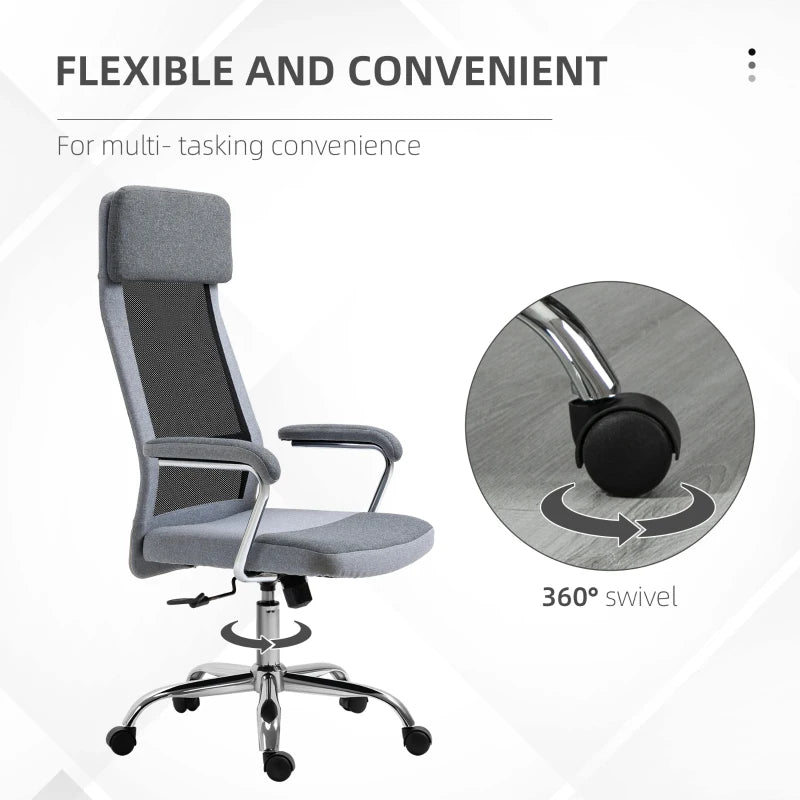 Vinsetto Ergonomic Office Chair - High Back Desk Chair with Adjustable Height, Swivel Wheels, Mesh Back & Linen-Feel Seat, Grey