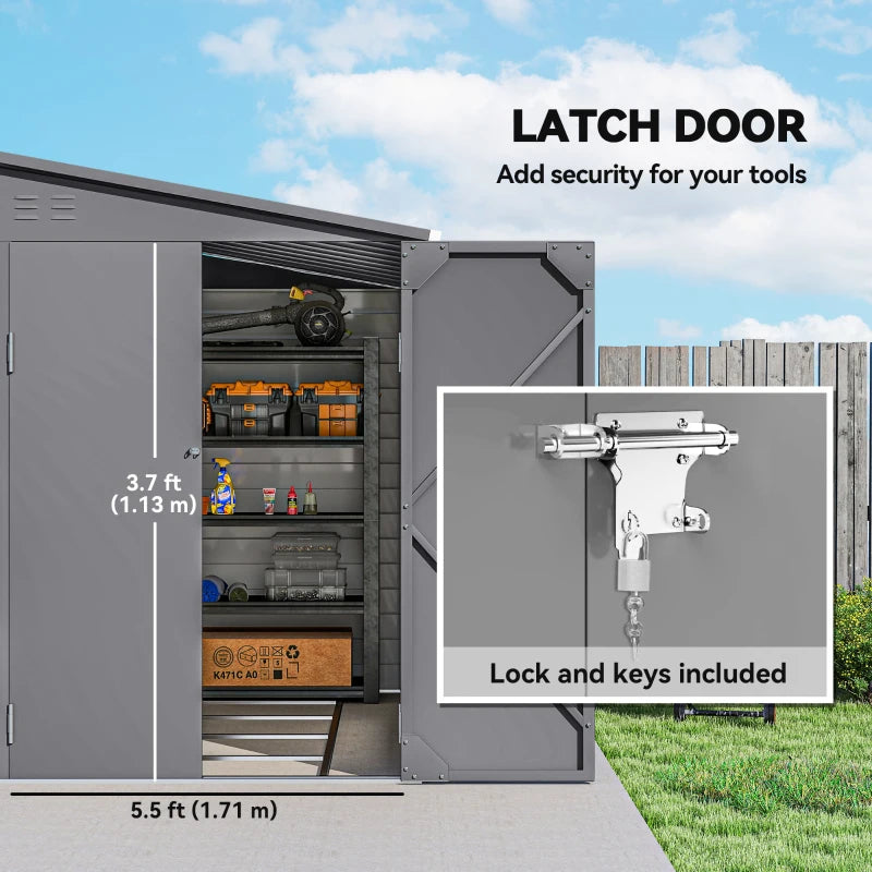 5x9ft Galvanised Metal Garden Shed with Foundation Kit – Lockable Outdoor Lean-to Storage with Vents & Gloves – Grey