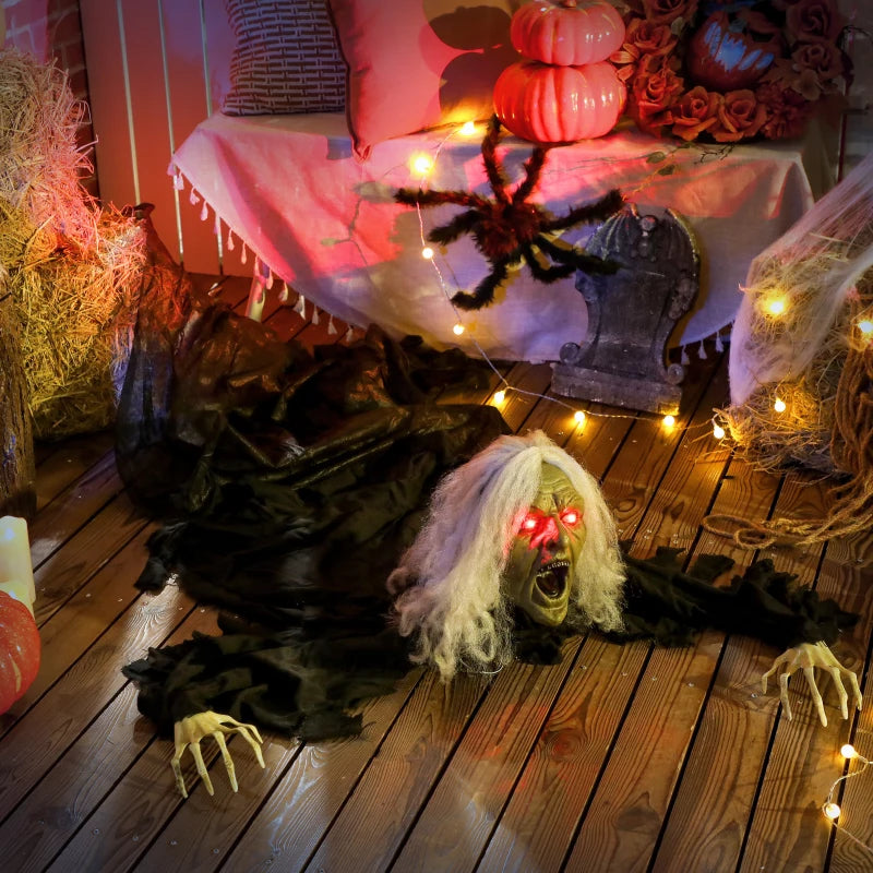 183 cm Life Size Crawling Zombie with Glowing LED Eyes - Scary Animated Halloween Decoration for Indoor/Outdoor Parties