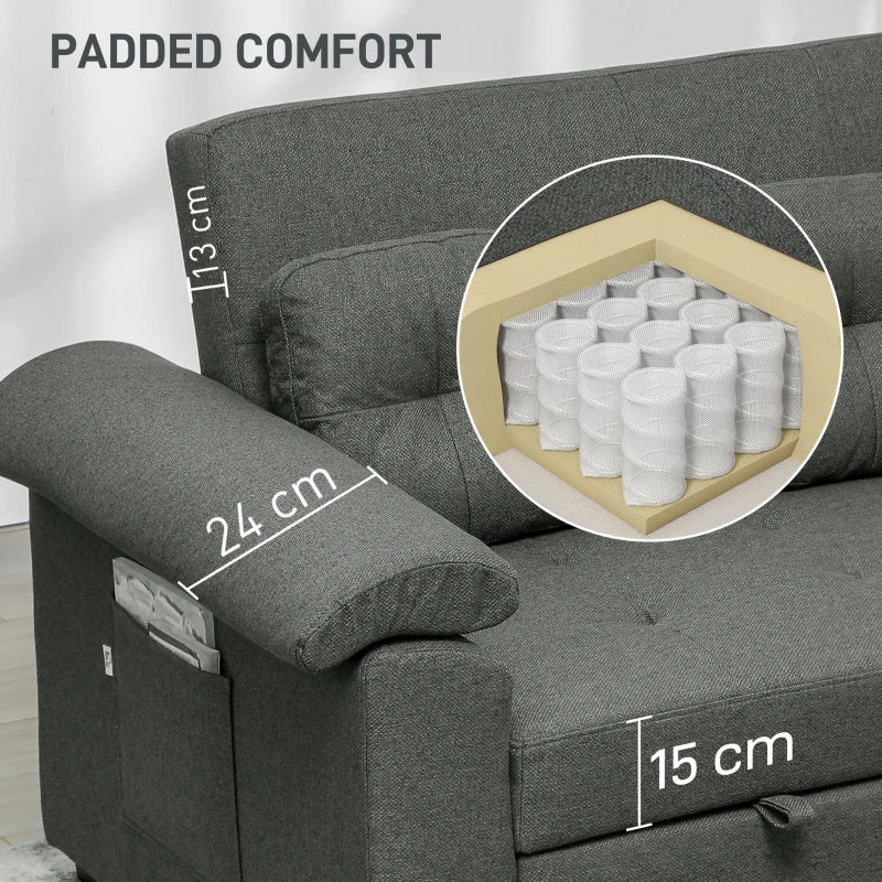 Fabric 2-Seater Click Clack Sofa Bed with Pocket Springs, Cushions and Side Pockets for Living Room, Charcoal Grey