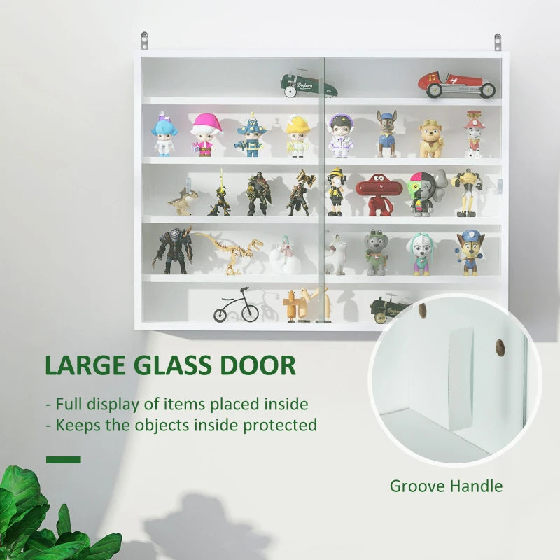 5-Tier Wall Display Shelf Unit with 4 Adjustable Shelves & Glass Doors - White Cabinet for Home Office Ornaments 60x80cm