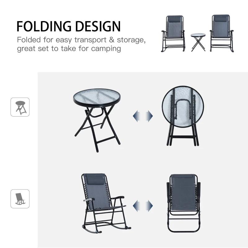 Grey 3-Piece Folding Rocking Chair Set with Glass Table - Outdoor Patio Bistro Set