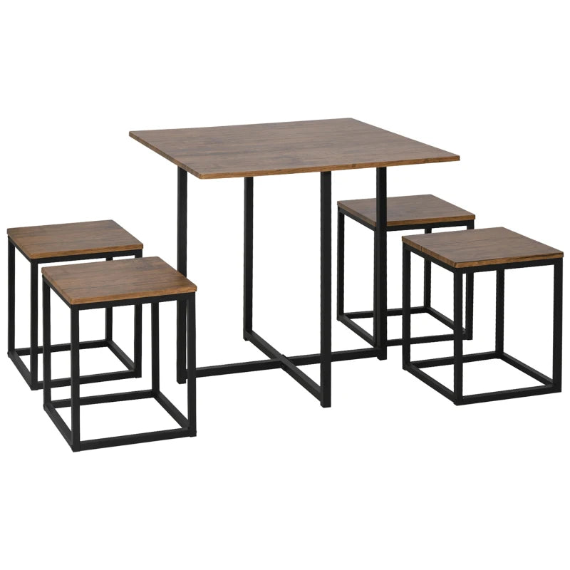 5-Piece Industrial Dining Table & Chairs Set - Space-Saving Metal Frame Square Kitchen Table & Stools - Brown Finish
