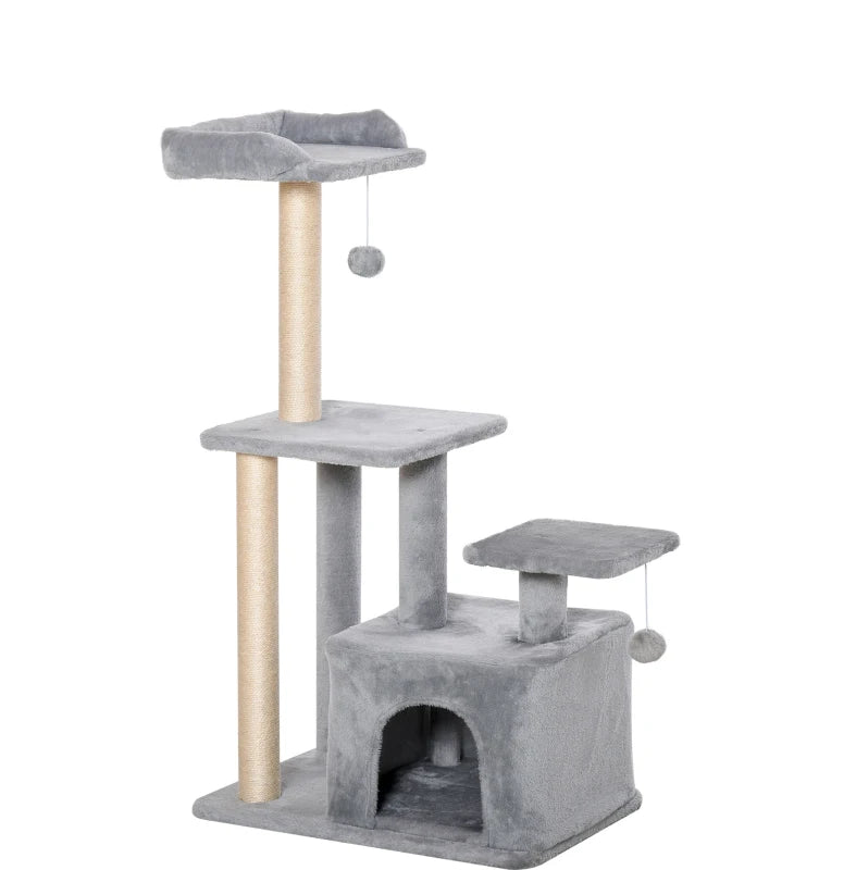 Light Grey Cat Tree Tower 114cm - Indoor Climbing Activity Centre for Kittens with Scratching Post, Perch & Hanging Ball
