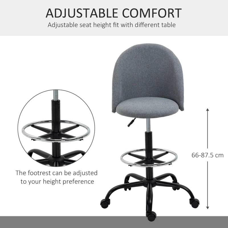Vinsetto Ergonomic Drafting Chair - Adjustable Height, 360° Swivel, Padded Seat & Footrest, 5 Wheels - Grey for Home Office