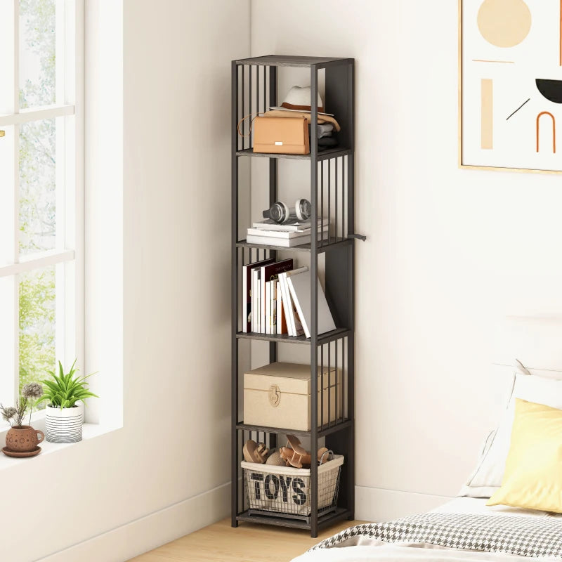5-Tier Grey Bookshelf with Durable Steel Frame - Modern Storage Solution for Home or Office