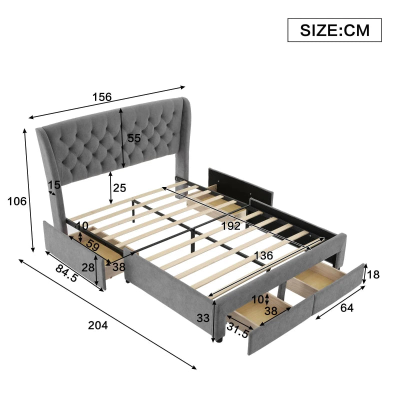 Grey Upholstered Storage Bed with 4 Drawers & Soft Backrest - Metal Frame, 204L x 156W x 106H cm