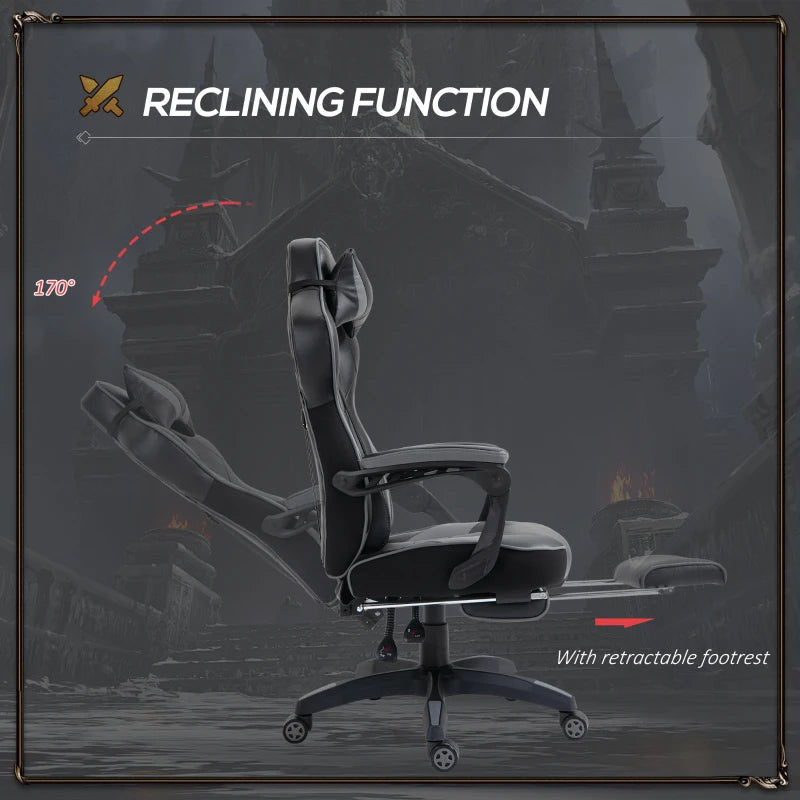 Vinsetto Grey Gaming Chair with Lumbar Support & Footrest - PU Leather Racing Desk Chair with Headrest & Swivel Wheels