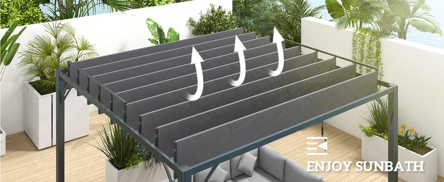 Grey Aluminium 3m x 3m Retractable Roof Patio Pergola - Hard Top/Heavy Duty Metal Pergola