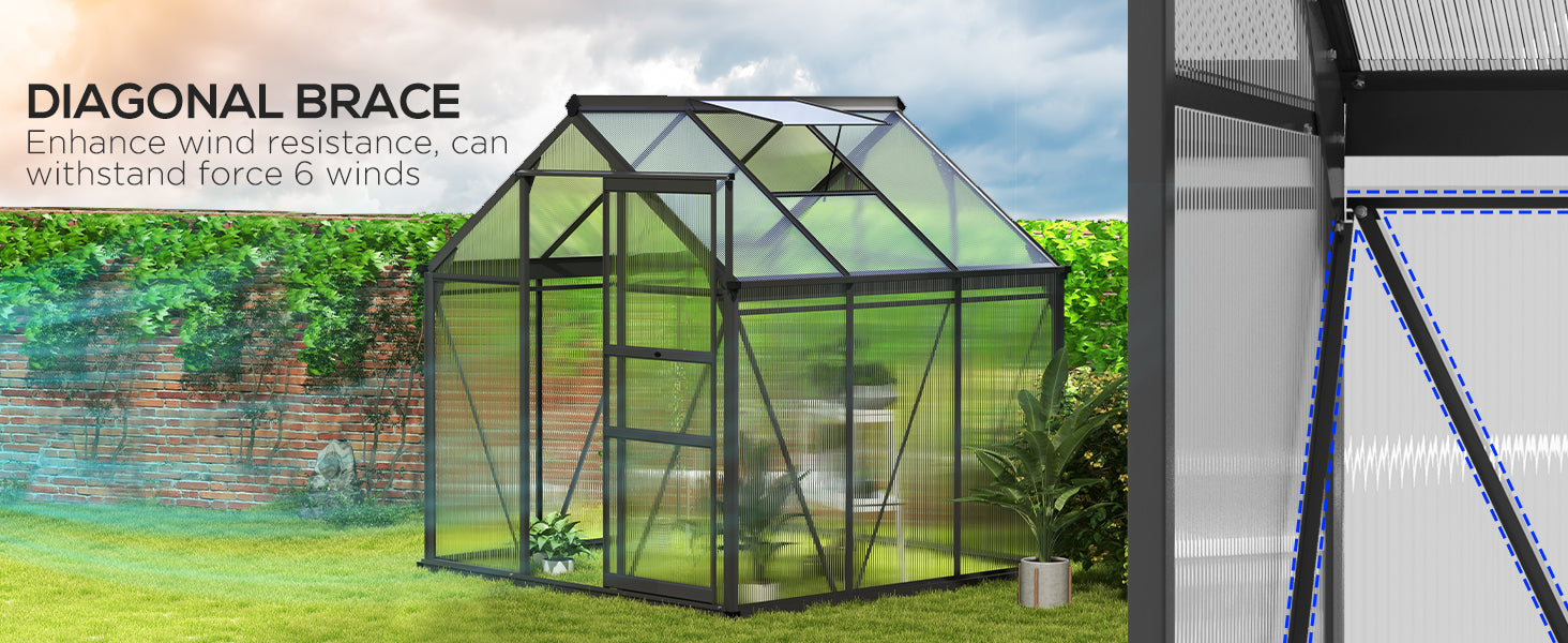 Grey 6ft x 6ft Polycarbonate Greenhouse With Aluminium Frame