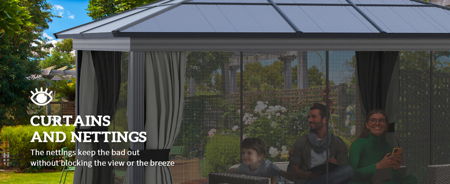 3.6 x 4m Grey Hard Top Gazebo With Polycarbonate Roof & Aluminium Frame - Permanent Pavilion Garden Gazebo