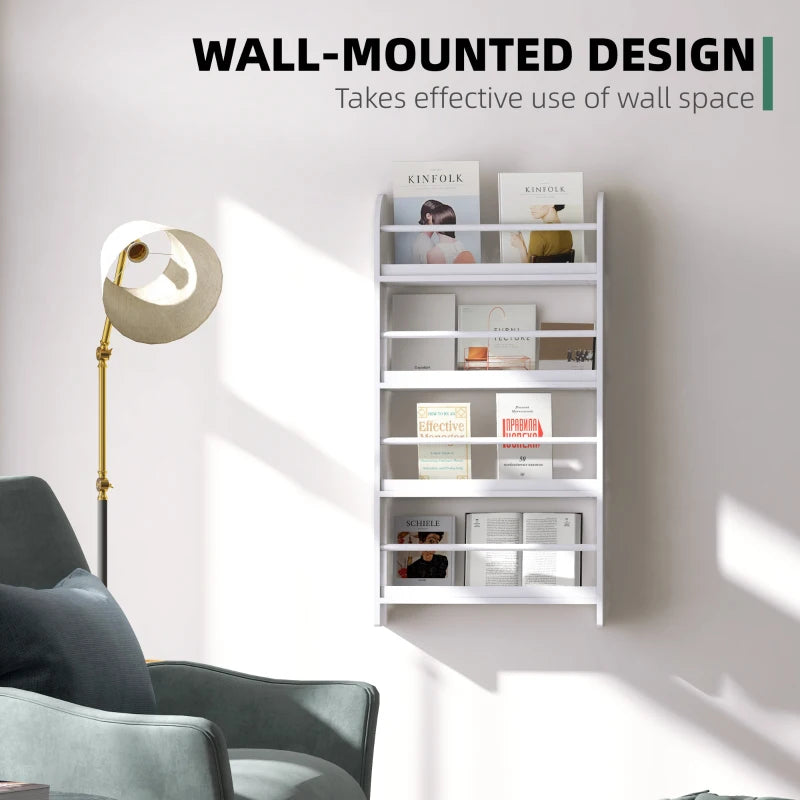 4-Tier Wall Mounted Bookshelf - 15cm Depth Storage Rack for Bedroom, Nursery, Office & Home - White
