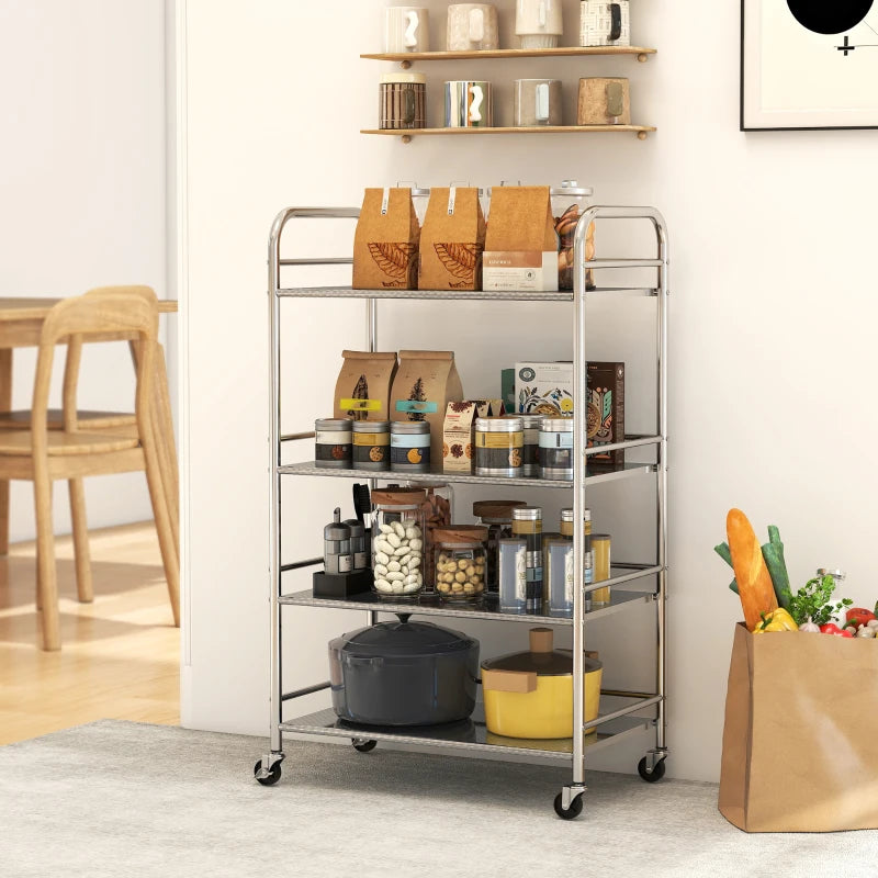 4-Tier Stainless Steel Kitchen Storage Trolley with Adjustable Shelves - Versatile Silver Cart for Organizing Kitchen Essentials