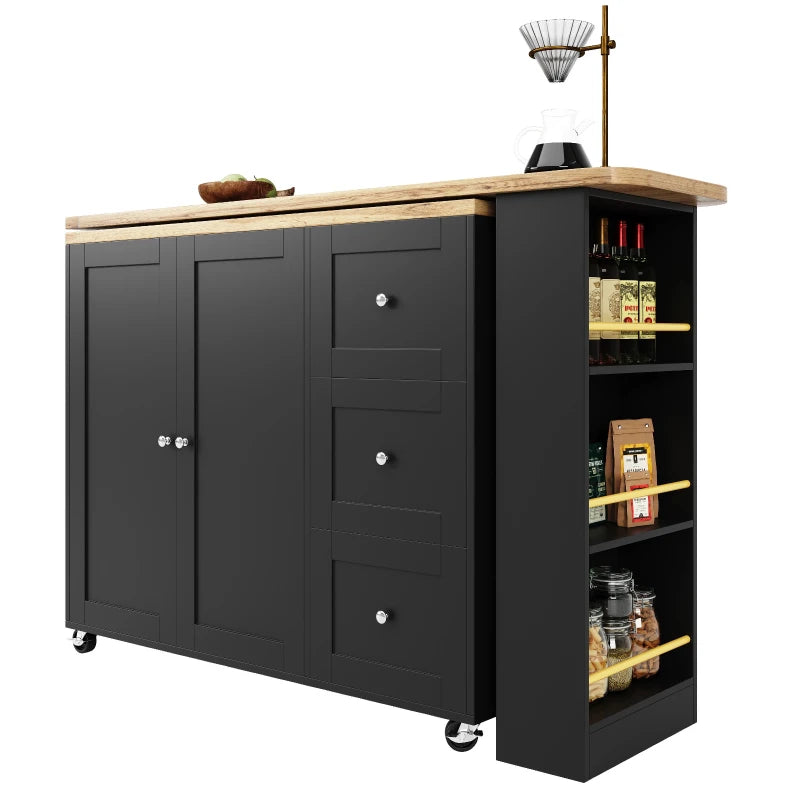 360° Swiveling Dining Table with Snack Rack & Drawers - Multifunctional Kitchen Island on Castors, Black, 209L x 39W x 104H cm