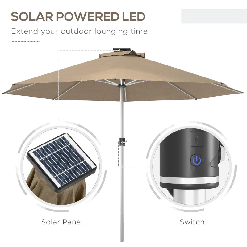 Khaki 3m Patio Umbrella with Solar-Powered LED Lights