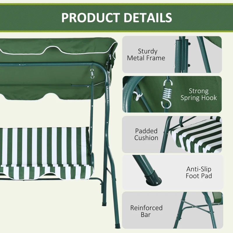 Green Striped 3-Seater Outdoor Swing Chair with Adjustable Canopy