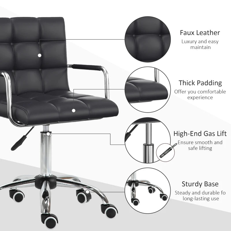 Vinsetto Black Makeup Vanity Chair - PU Leather Mid Back Office Chair with Adjustable Height, Armrests & Rolling Wheels