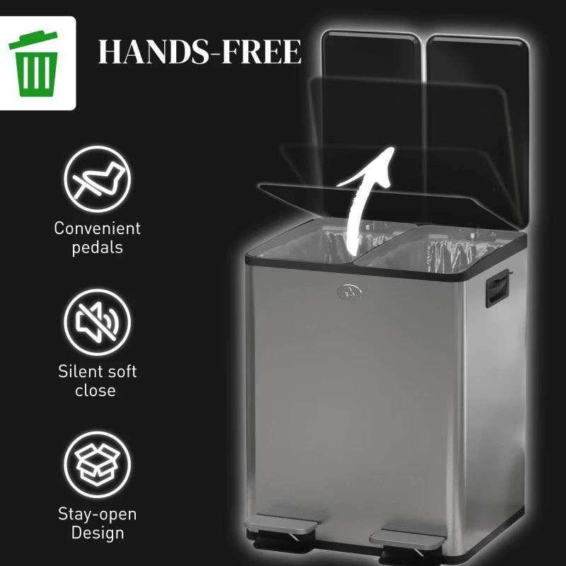 40L Dual Compartment Stainless Steel Trash Bin with Deodoriser Holders - Sleek Silver Tone for Kitchen & Office