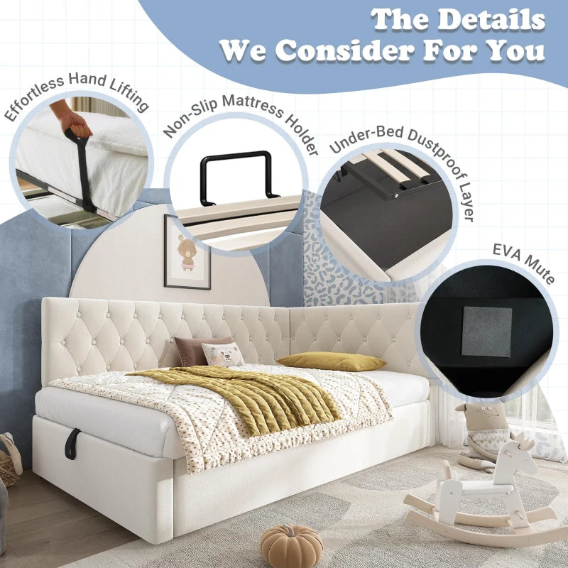 Upholstered Daybed Sofa Bed with Hydraulic Storage Ottoman, Reversible Headboard, 196x100x77 cm, Beige - Stylish & Functional