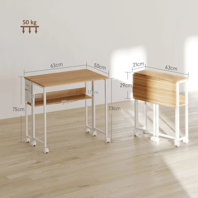 63 cm Drop Leaf Writing Desk - Natural Wood Finish, Compact Home Office Table, Space-Saving Design for Small Rooms