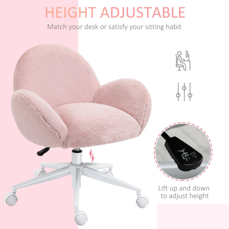 Cute Pink Makeup Vanity Chair with Fluffy Cushion & Rolling Wheels - Stylish Desk Chair for Bedroom & Living Room
