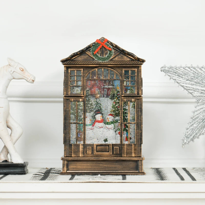 Bronze Tone Christmas Snow Globe Lantern with Lights - Musical Glitter Swirling Decoration, Battery Operated Holiday Gift