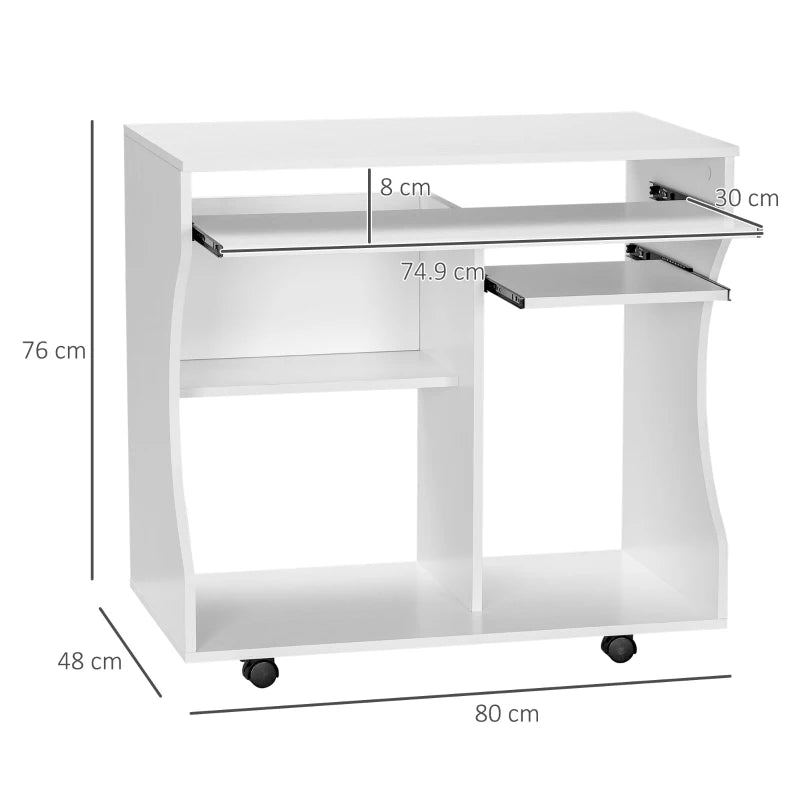 Multi-Storage Compact Work Desk on Wheels - Modern White Home Office Furniture for Small Spaces