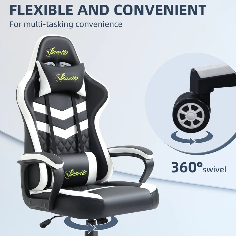 Vinsetto Gaming Chair - Ergonomic Computer Desk Chair with Lumbar Support, Faux Leather, Headrest & Swivel Wheels - Black & White