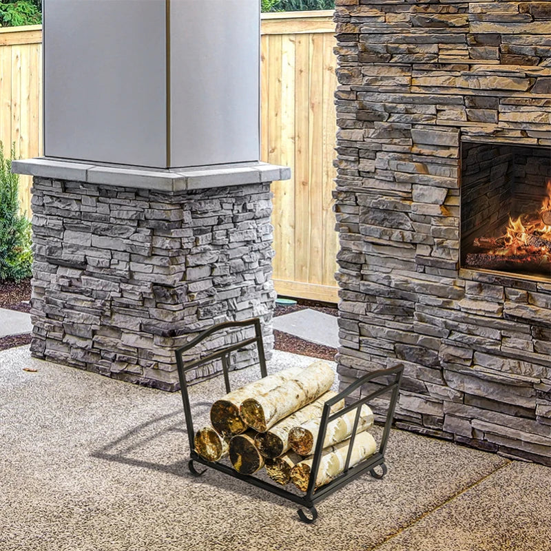 Metal Firewood Log Holder Rack - Indoor Outdoor Folding Fireplace Wood Storage Shelf, Rust-Resistant, Black, 48x34x37cm