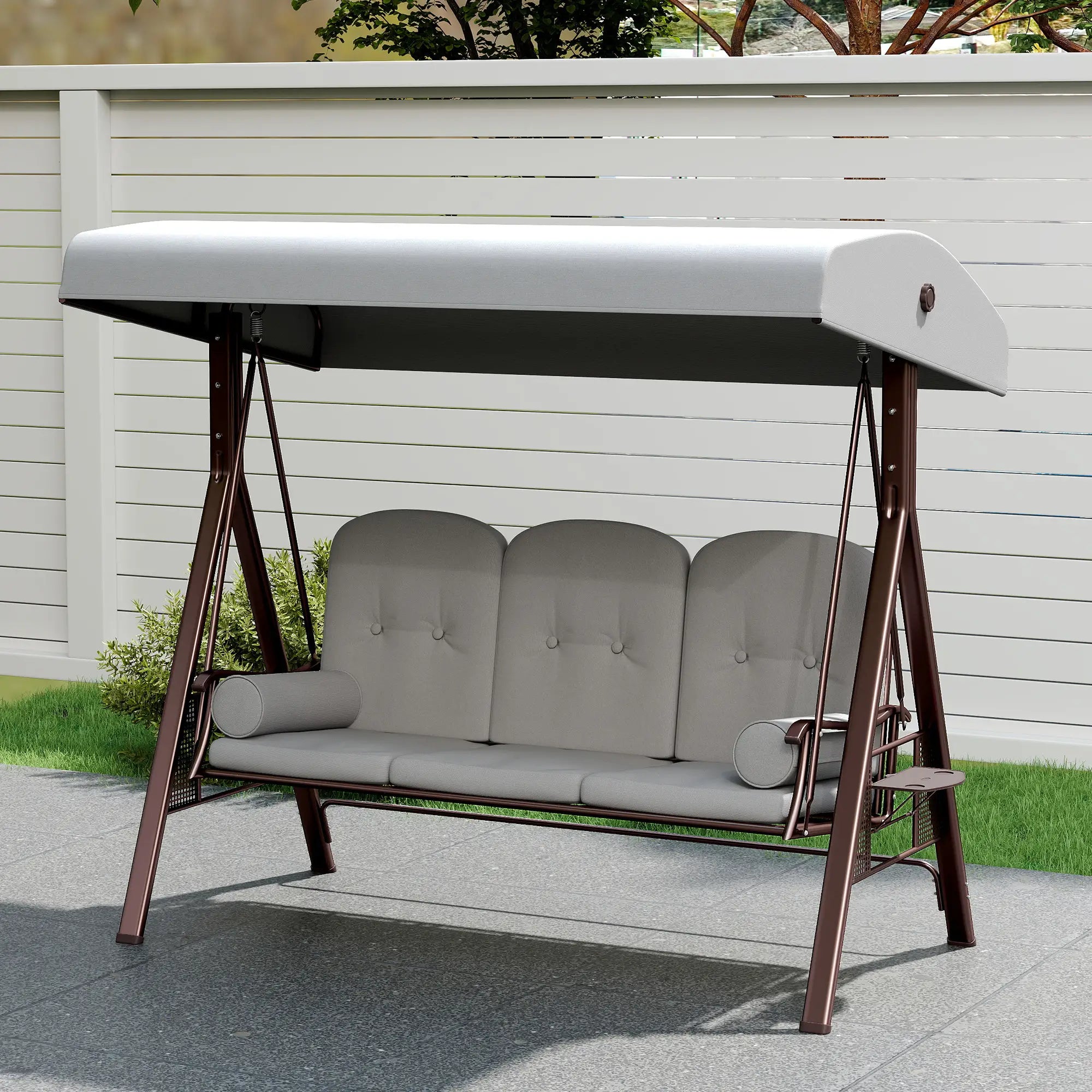 3 Seater Garden Swing Chair with Adjustable Canopy, Cushioned Outdoor Patio Swing Seat, Heavy-Duty Steel Frame, Cup Holder Trays, Weather-Resistant Light Grey Canopy Swing Bench for Garden