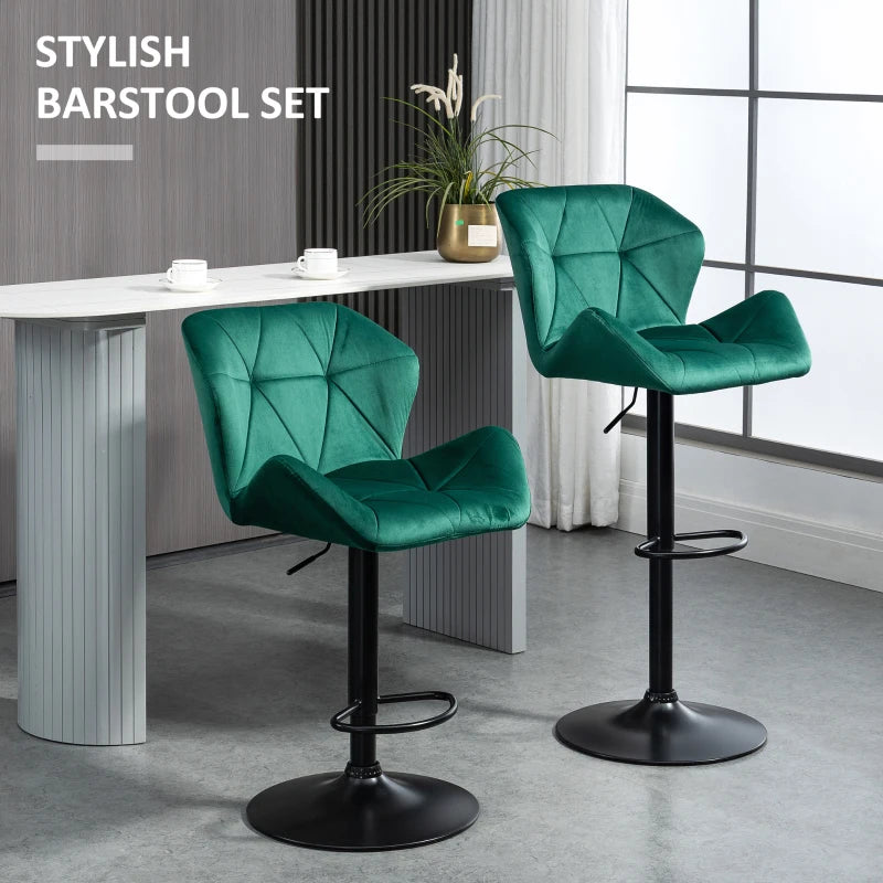Set of 2 Velvet Bar Stools with Metal Frame Footrest, Adjustable Height, Stylish Green Color for Kitchen or Home Bar