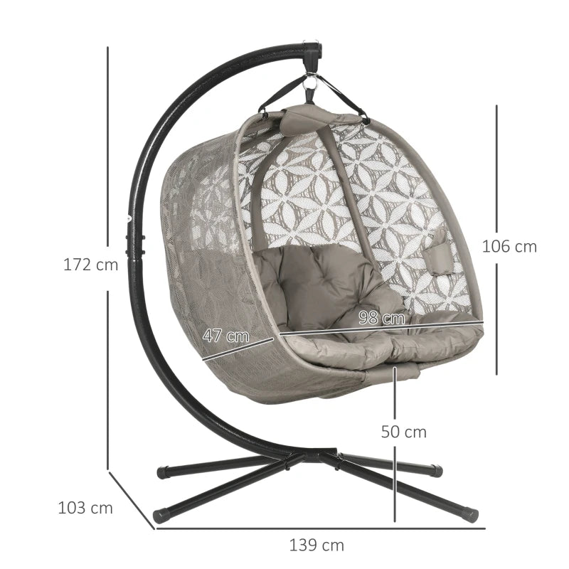 Sand Brown Double Hanging Swing Chair with Metal Stand and Padded Cushion