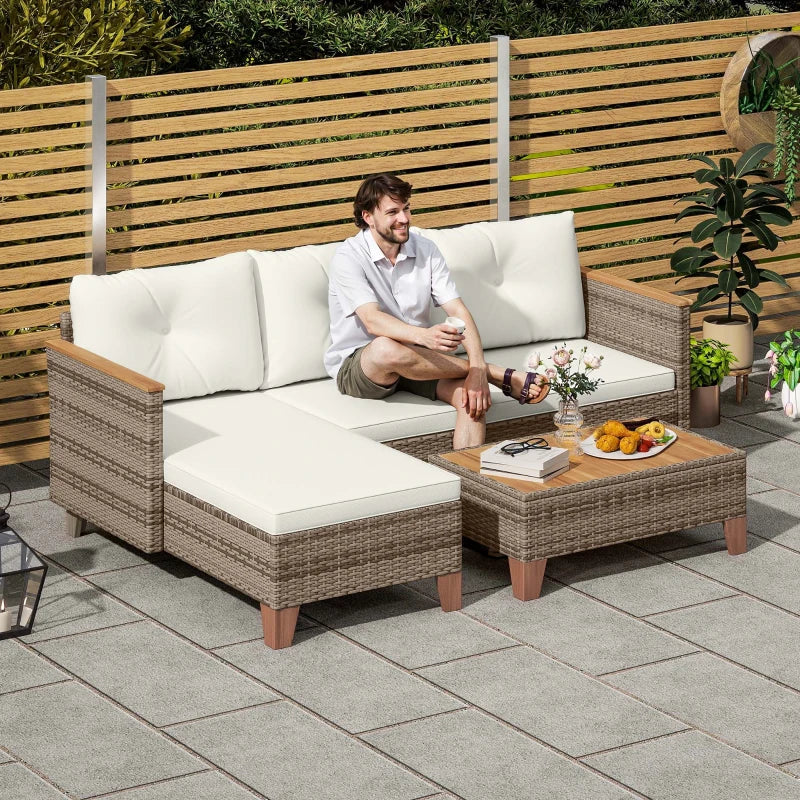 3-Piece Rattan Garden Furniture Set - L-Shaped Chaise Lounge & Coffee Table with Cushions